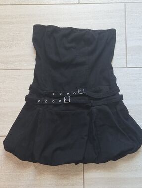 Strapless Black Mini Dress with Double Buckle Waist